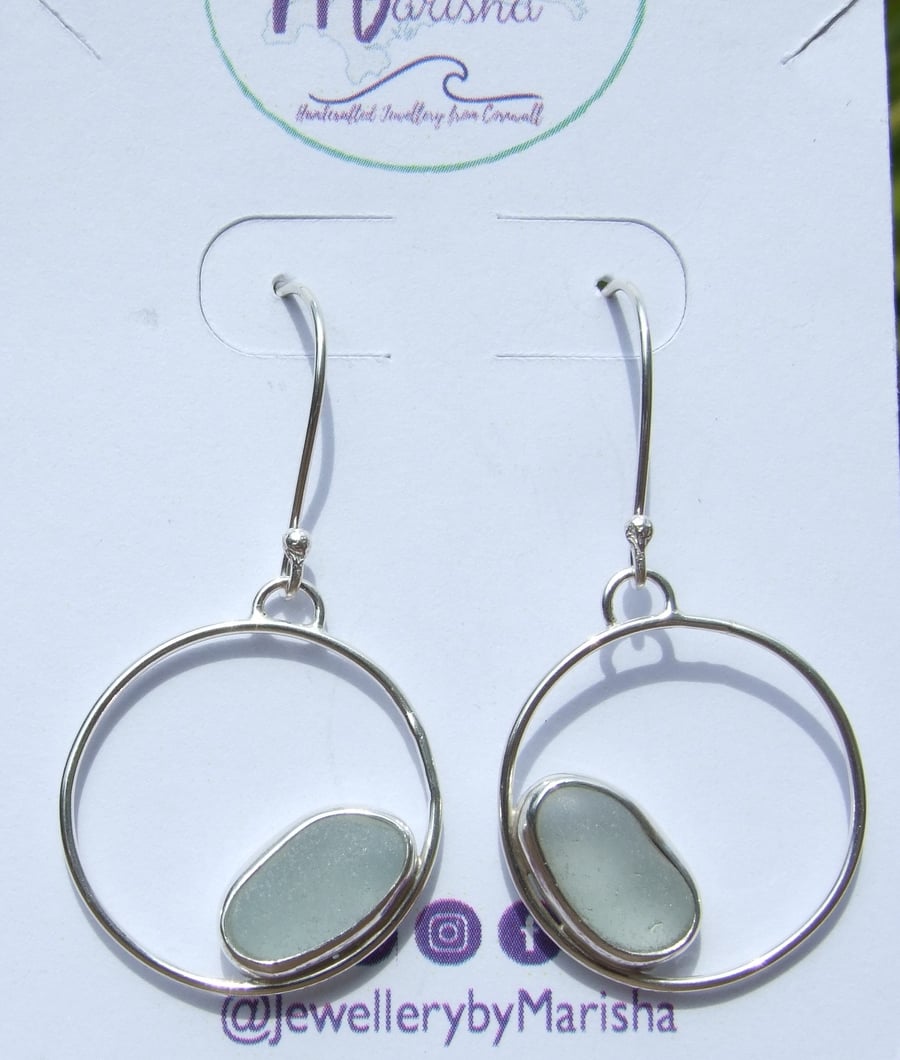 Fine Silver & Recycled Silver Cornish Seaglass Earrings in Light Aquamarine