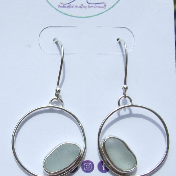 Fine Silver & Recycled Silver Cornish Seaglass Earrings in Light Aquamarine