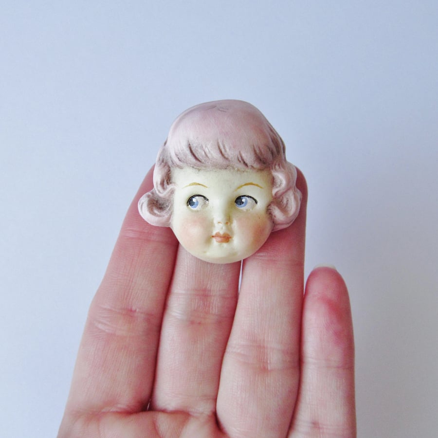 Vintage Doll Pin Brooch - Pale Pink Haired Rose 