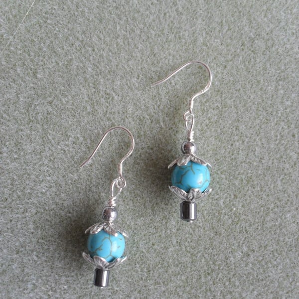 Turquoise Coloured Stone and Haematite Earrings EA105