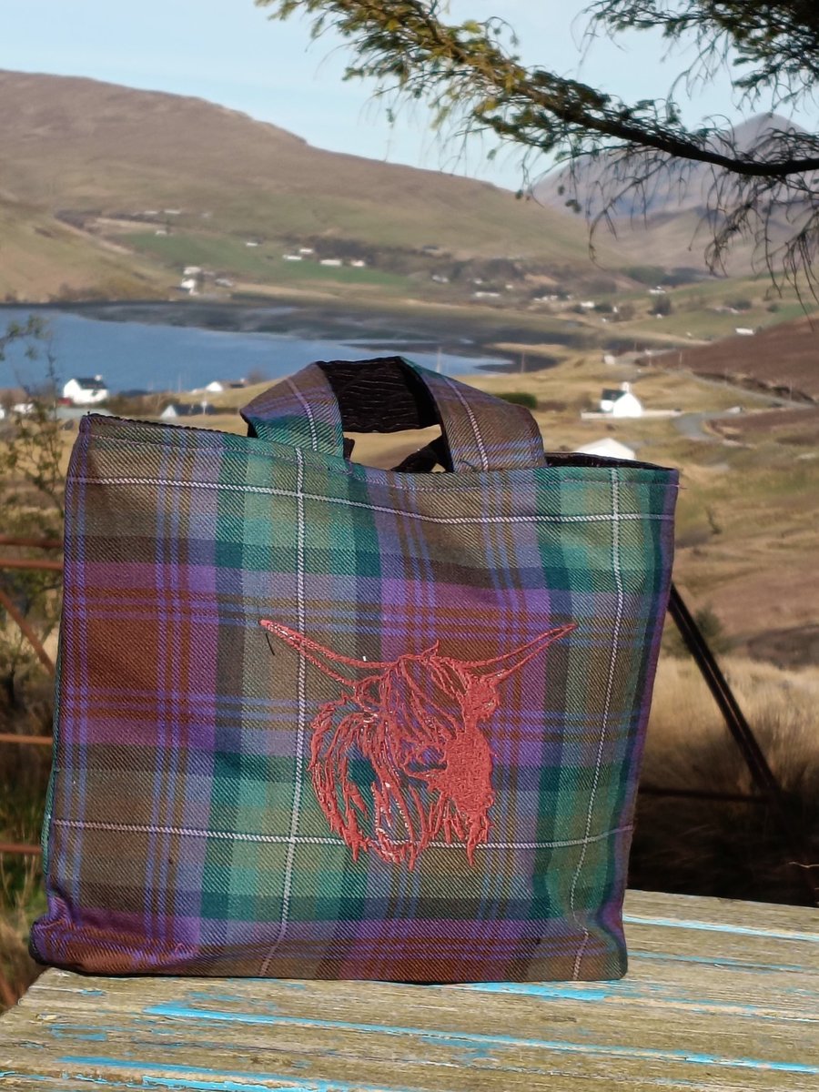 Isle of Skye tartan with embroidered highland cow 
