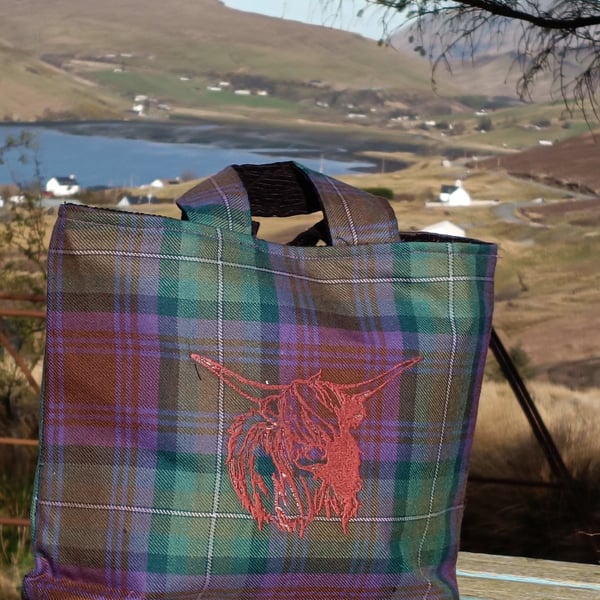 Isle of Skye tartan with embroidered highland cow 