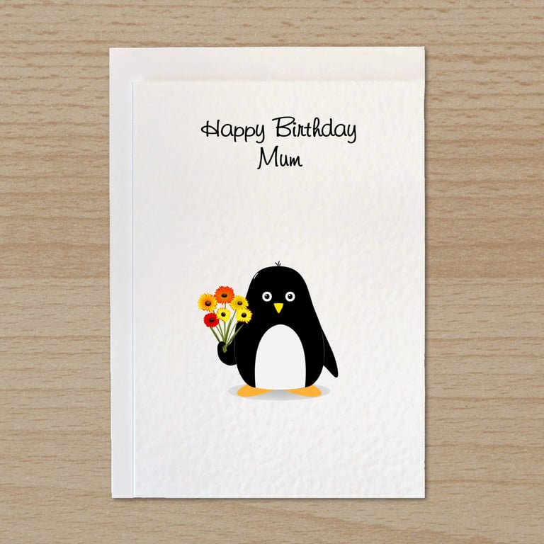 Mum Birthday card, Cute penguin holding flowers, Card for Mum,