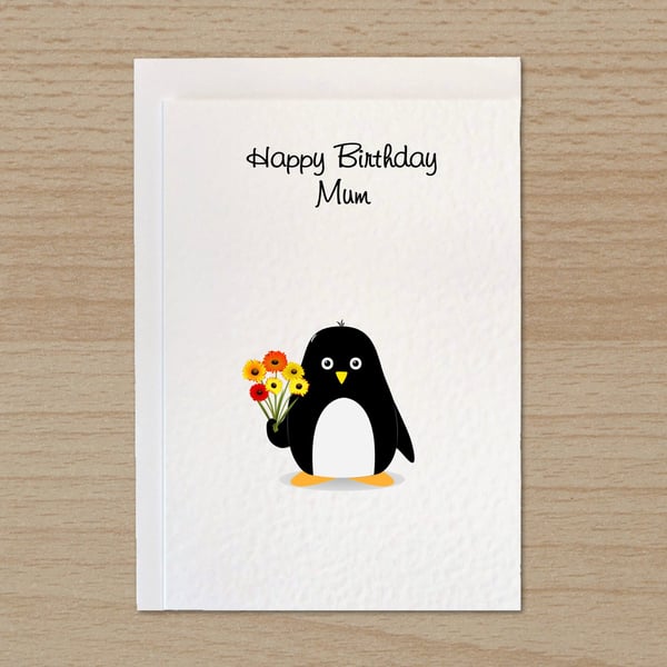 Mum Birthday card, Cute penguin holding flowers, Card for Mum,
