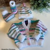 Hand Knitted Designer Baby Girl's Cardigan, Booties,  Hat Set 0-3 months 