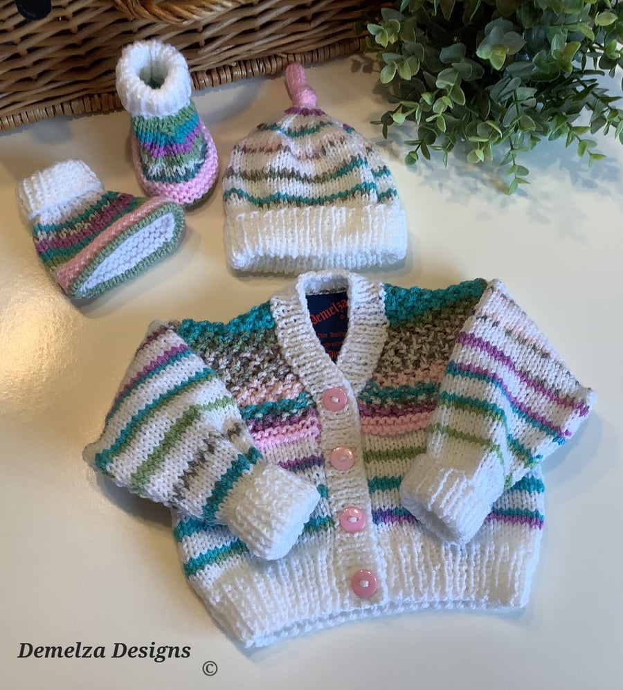Hand Knitted Designer Baby Girl's Cardigan, Booties,  Hat Set 0-3 months 