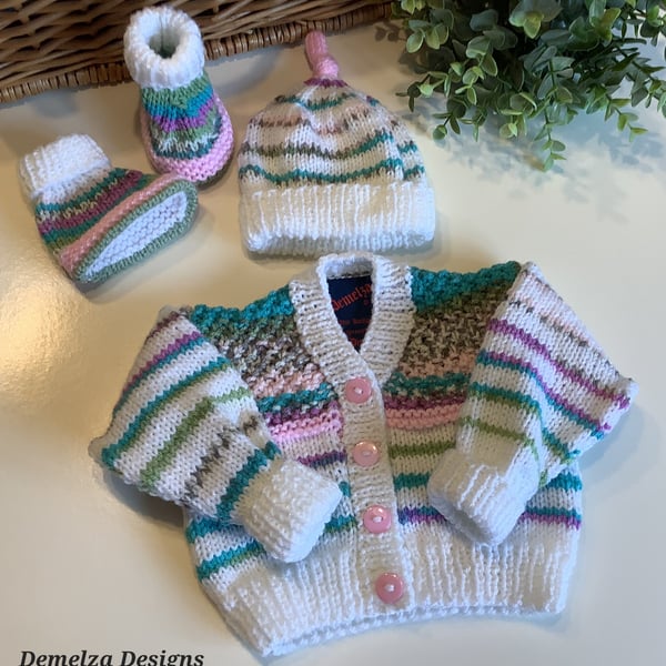 Hand Knitted Designer Baby Girl's Cardigan, Booties,  Hat Set 0-3 months 