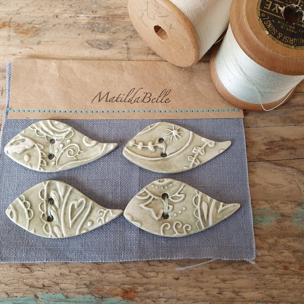Buttons handmade ceramic green paisley set of four buttons