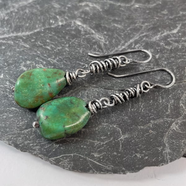 Sterling silver and turquoise bead long scribble earrings