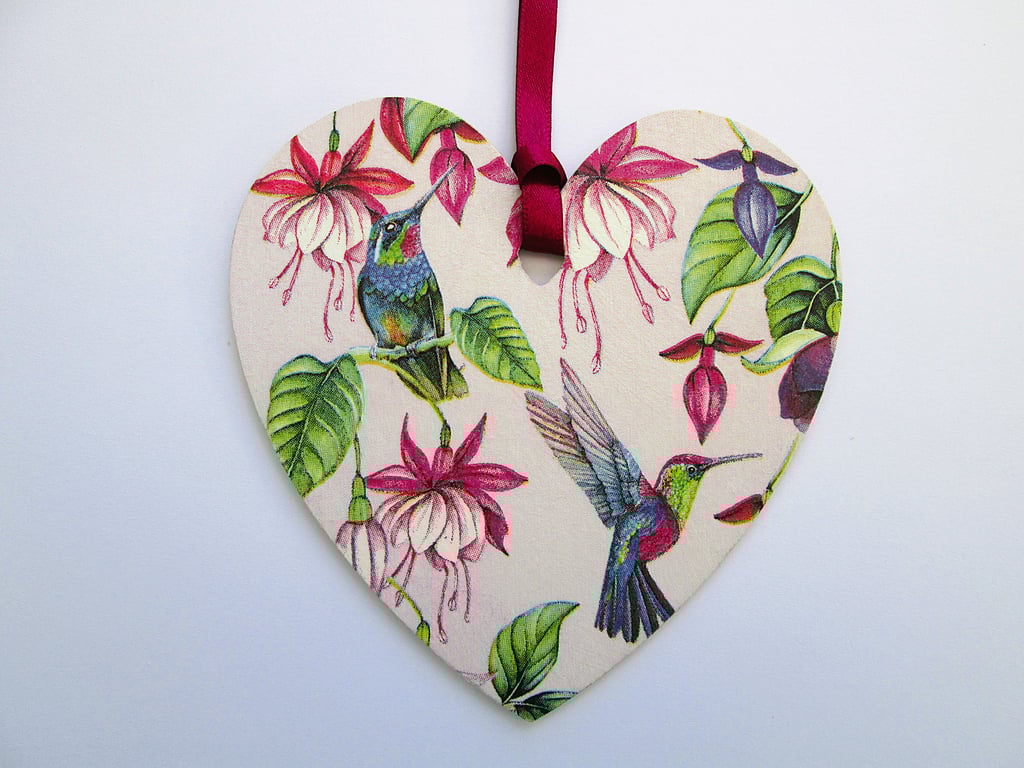 Fuchsias and hummingbirds wood decoupage heart hanging decoration