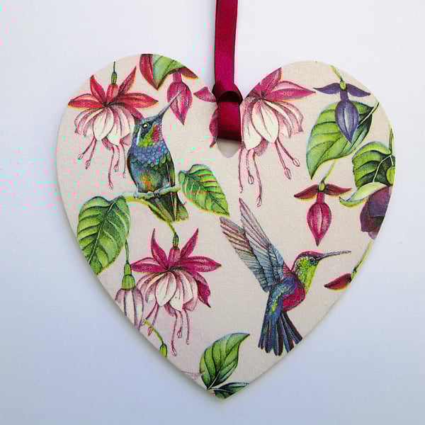 Fuchsias and hummingbirds wood decoupage heart hanging decoration