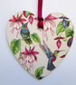 Fuchsias and hummingbirds wood decoupage heart hanging decoration