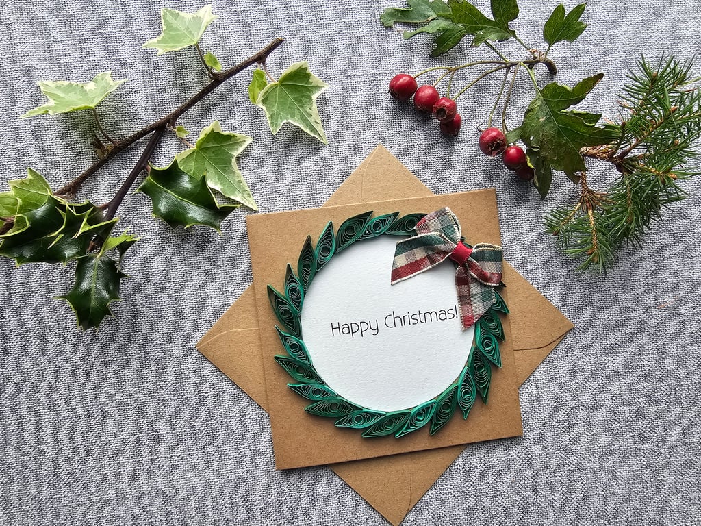 Traditional Quilled Wreath Christmas Card 4" x 4" Small Square Card
