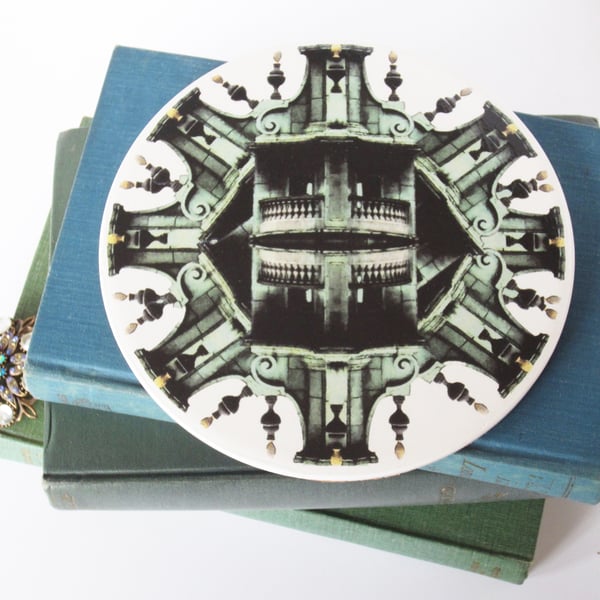 Gothic Architecture Inspired Round Ceramic Tile Trivet with Cork Backing