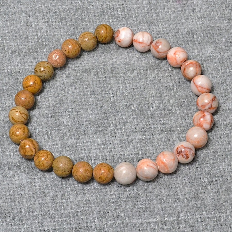 Sandy Coloured Stone and Pink Marbled Stone Elastic Half and Half Bracelet