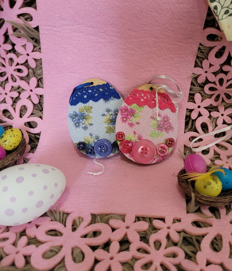 Set of Two Hand Decorated Easter Wooden Shapes - Dark Pink and Dark Blue 