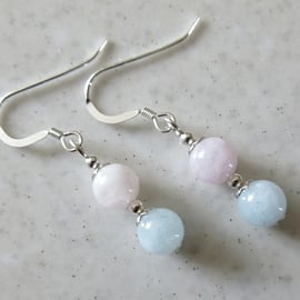 Natural Pastel Pink & Blue Morganite Gemstone Earrings With Sterling Silver