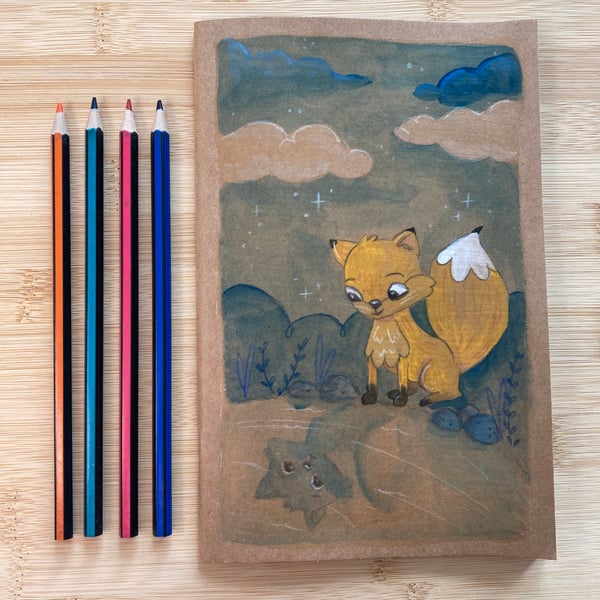 Little Fox In The Pond. Notebook, sketchbook hand painted 