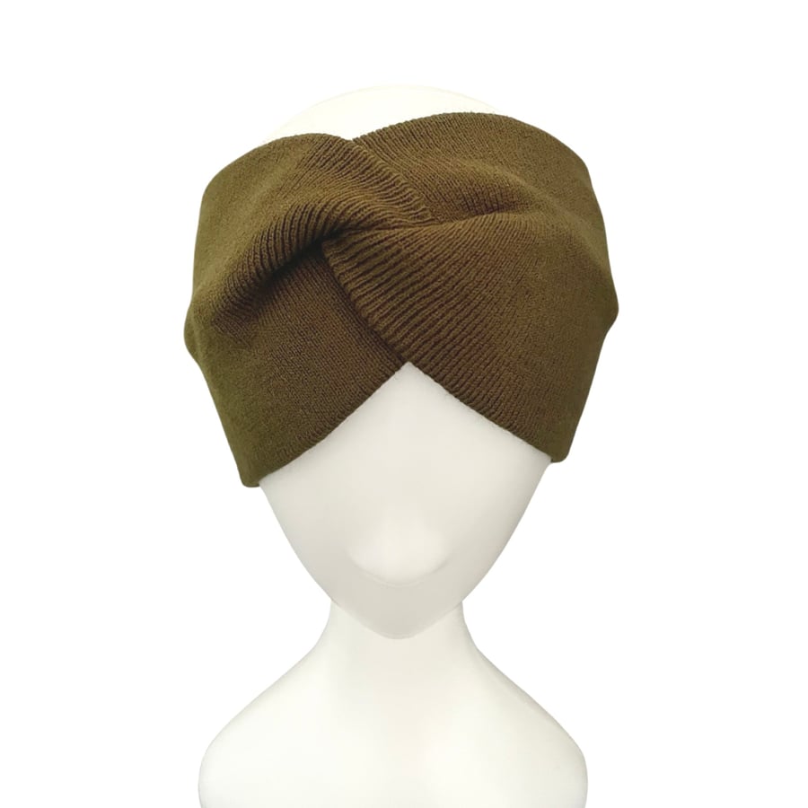 Olive green warm wide winter wool rib knit headband ear warmer for women
