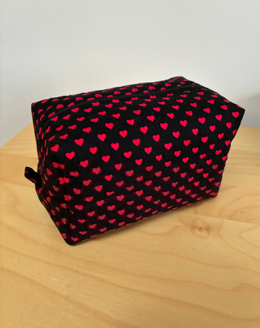 Red Hearts Print Quilted Fabric Box Shape Makeup Bag