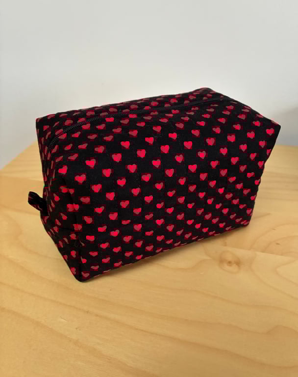 Red Hearts Print Quilted Fabric Box Shape Makeup Bag