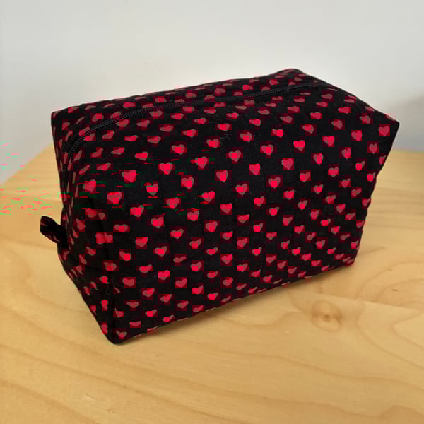 Red Hearts Print Quilted Fabric Box Shape Makeup Bag