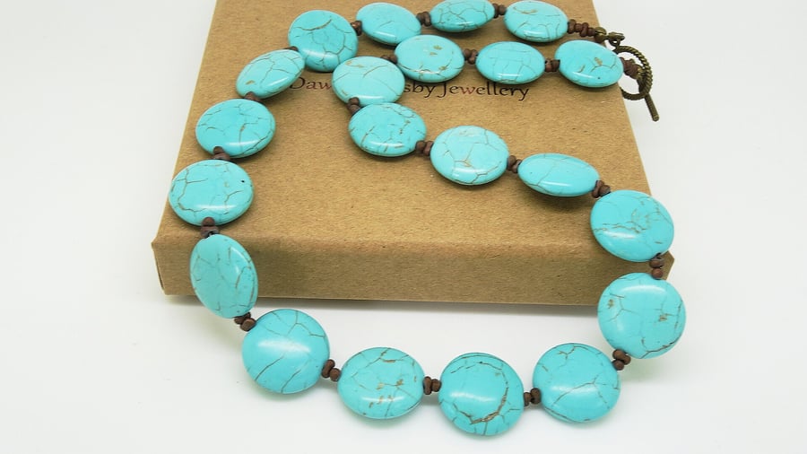 Turquoise Necklace, Coin Shaped Necklace, Czech Glass Necklace, Beaded Necklace,