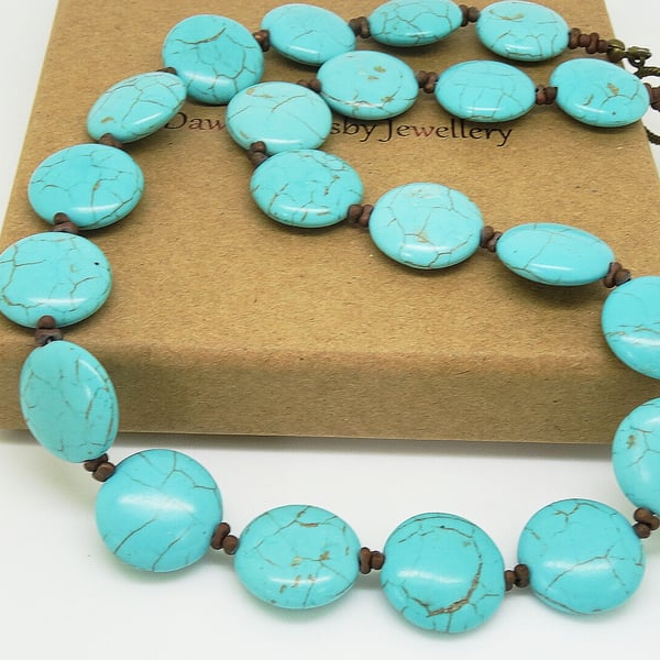 Turquoise Necklace, Coin Shaped Necklace, Czech Glass Necklace, Beaded Necklace,