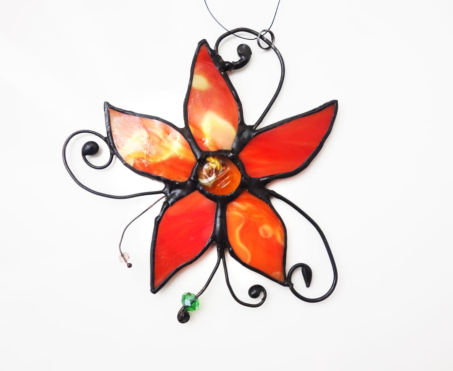 Stained Glass Sun Catcher  Flower with decorative wire and crystals