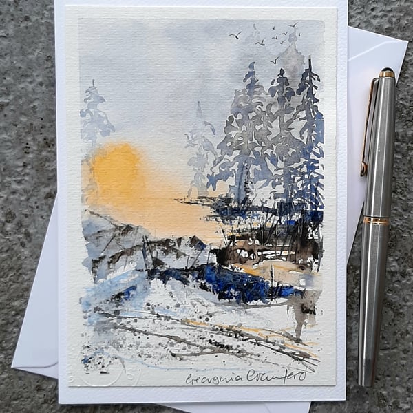 By The Stream. Handpainted Blank Card