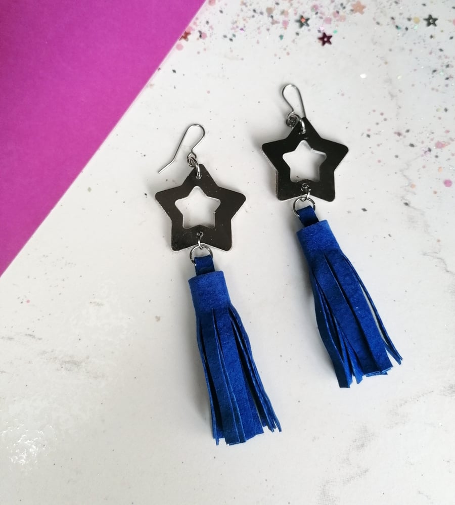 Star Tassel Statement Earrings - Sapphire & Silver