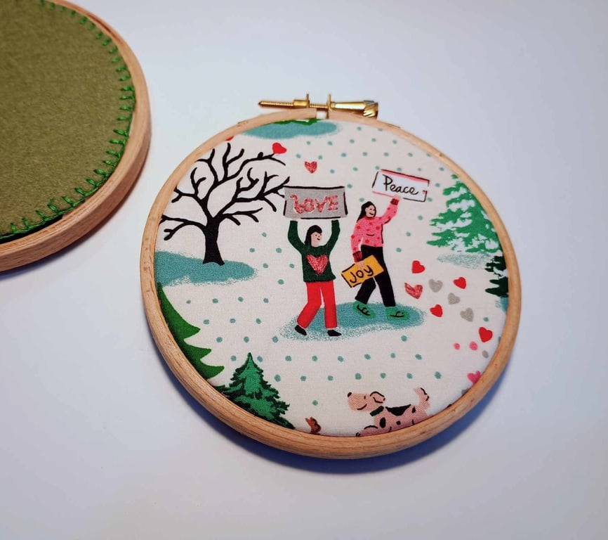 Love Peace Joy  - fabric picture mini hoop art decoration