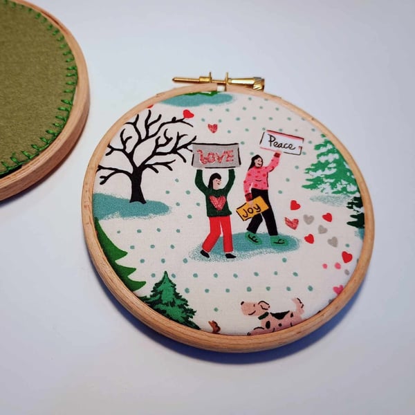 Love Peace Joy  - fabric picture mini hoop art decoration