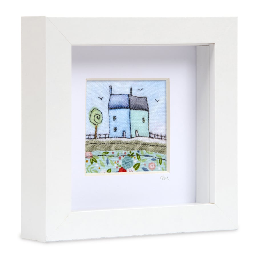 Image of Little blue houses fabric picture, textile art, gift