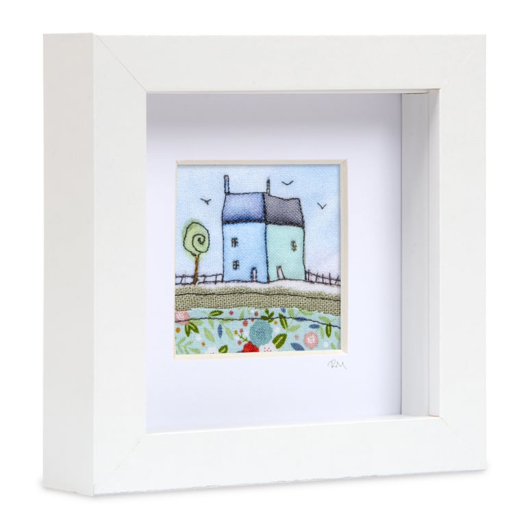 Little blue houses fabric picture, textile art, gift