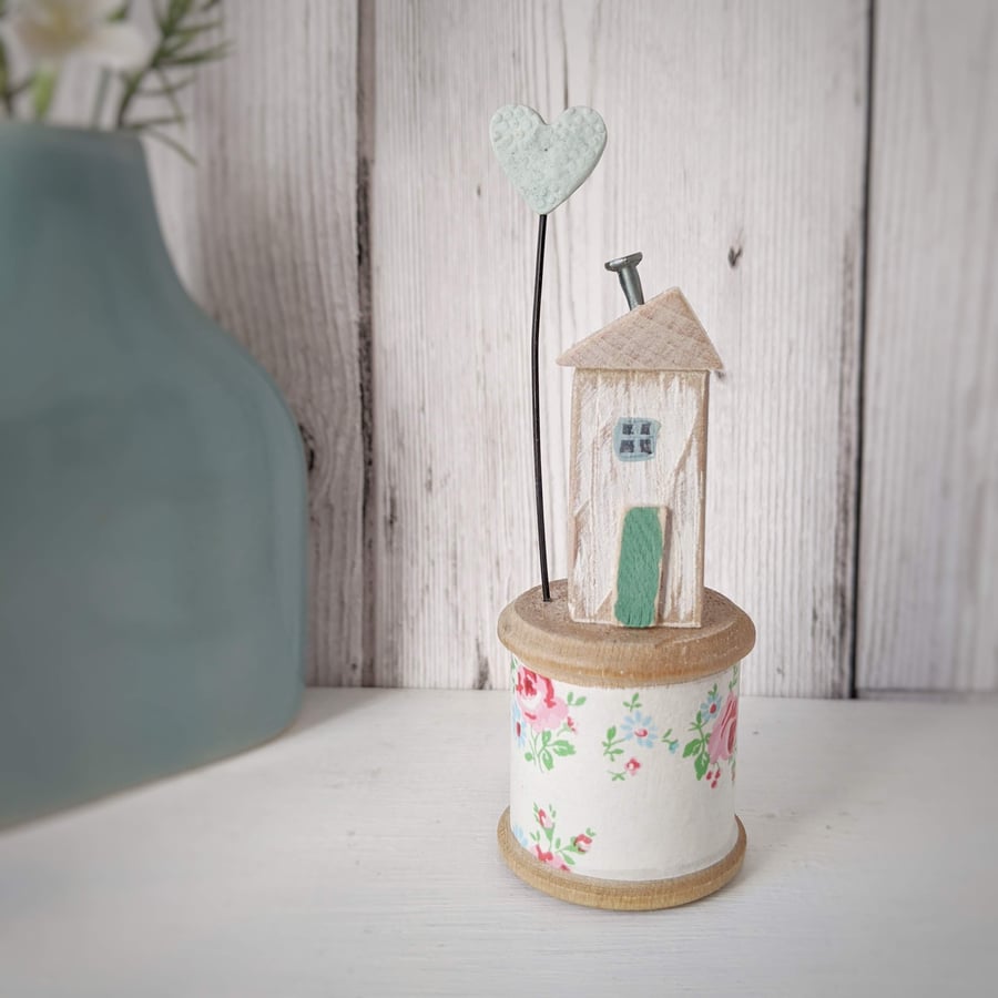 Wooden House on a Vintage Floral Bobbin with Clay Heart