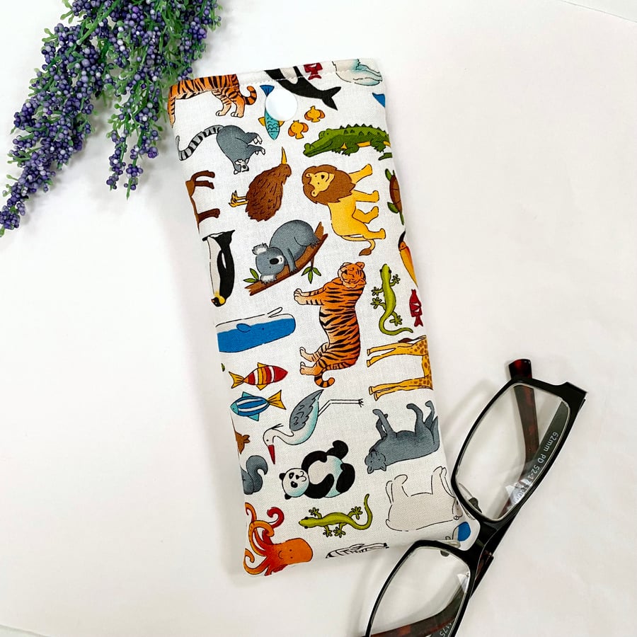 Glasses Case Soft Pouch Animal Around The World Fabric Lined with Popper