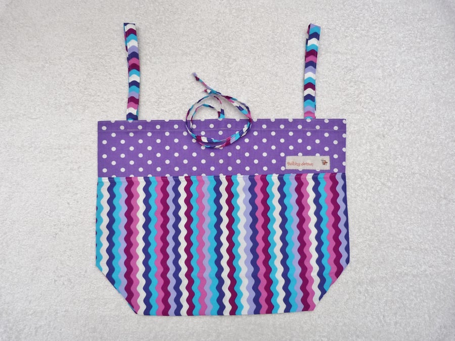 Folding Tote Bag in Wiggly Line and Polka Dot Print Fabric. Purples and Blue