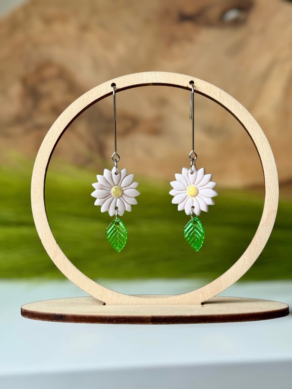 White Daisy and Dangling Leaf Polymer Clay Earrings