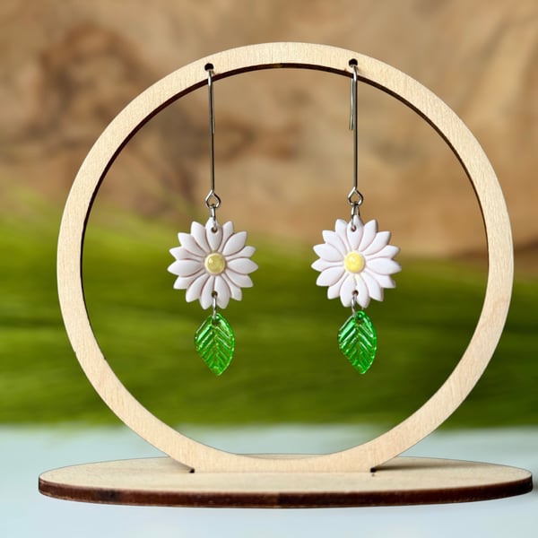 White Daisy and Dangling Leaf Polymer Clay Earrings