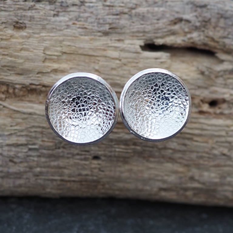 Studs, Sterling Silver Round Disc Stud Earrings, Sparkly texture. 