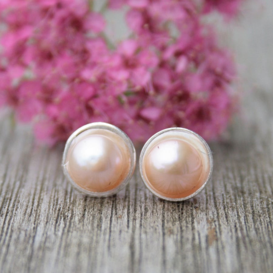 Sterling silver and pink pearl stud earrings, silver earrings