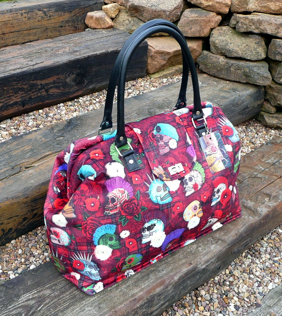 Mary Poppins bag, steampunk bag, velvet overnight bag, Day of the dead skulls