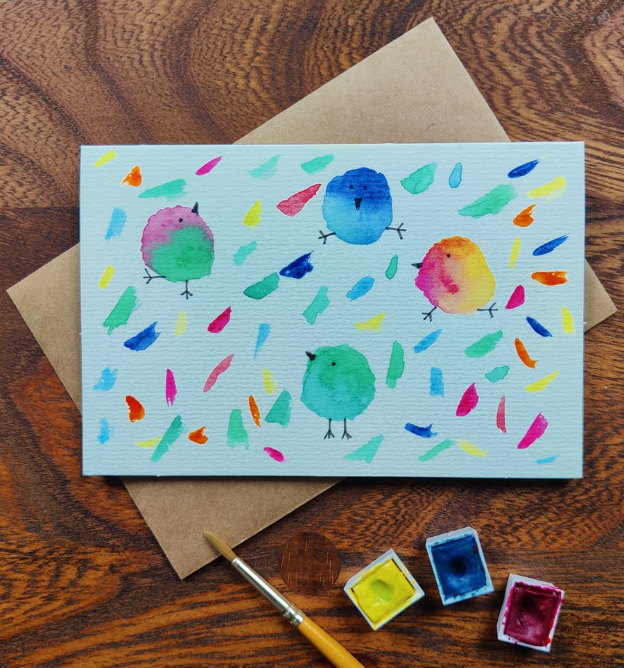 Original Hand-Painted Colourful Dancing Birds Card