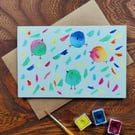 Original Hand-Painted Colourful Dancing Birds Card
