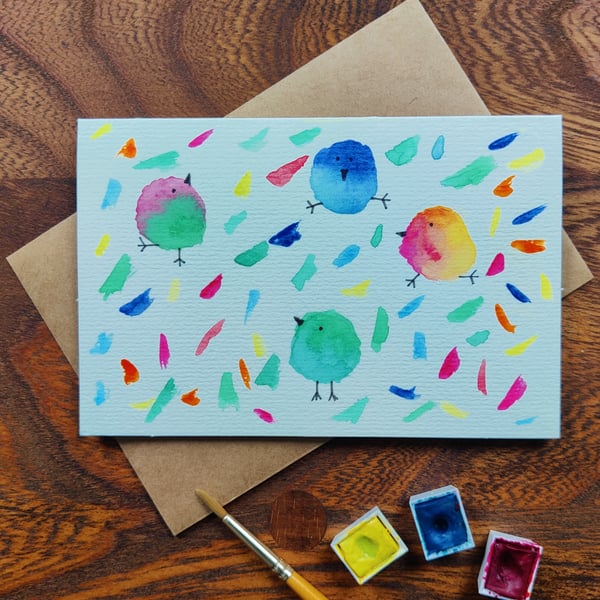 Original Hand-Painted Colourful Dancing Birds Card