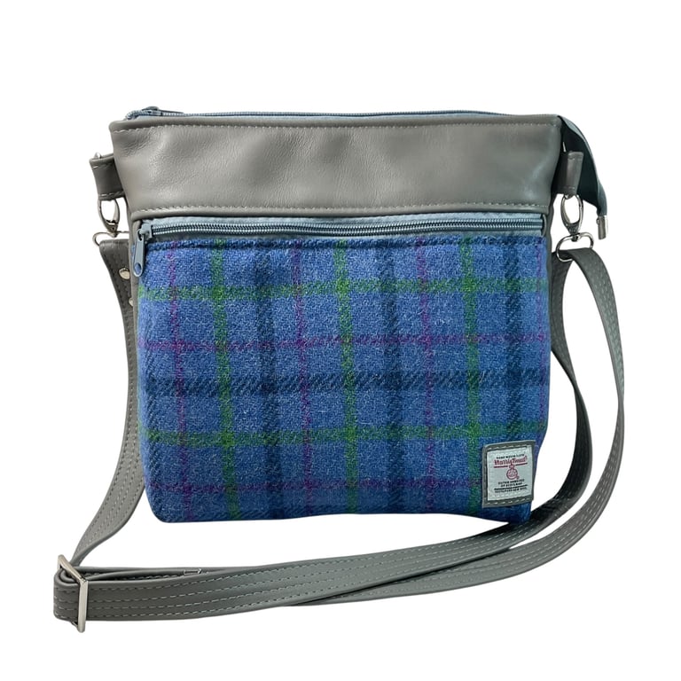 Genuine leather and Harris tweed handbag in grey and blue