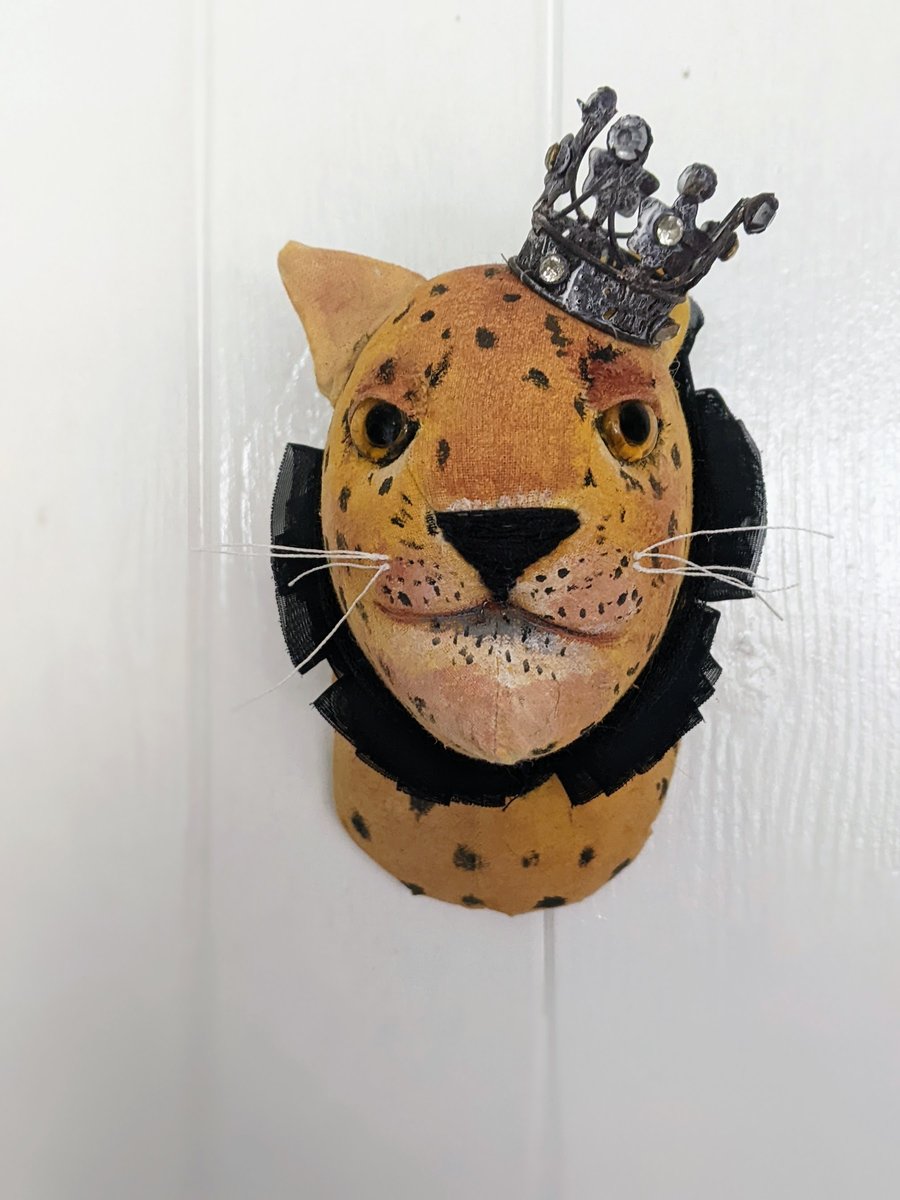 Handmade leopard with crown faux taxidermy wall art 