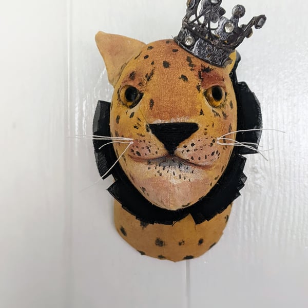 Handmade leopard with crown faux taxidermy wall art 