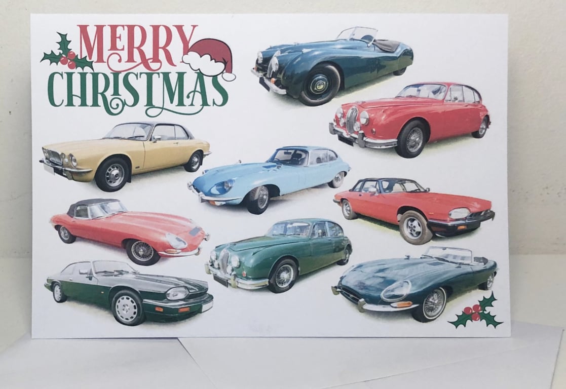 Jaguar Classic Cars Xmas Cards 5x7in - Seasons Greetings or Merry Christmas
